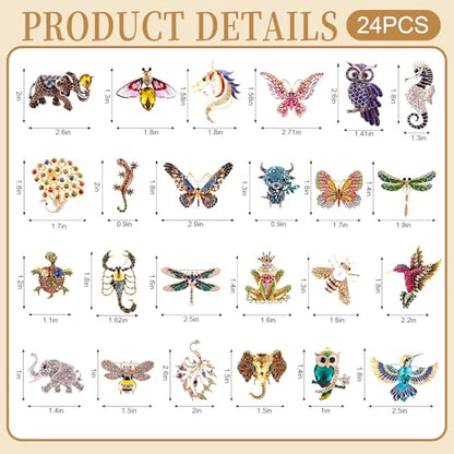 24 Pcs Vintage Animal Brooch Women Brooches Bulk Set Rhinestone Pin Crystal Brooch for Women Girls