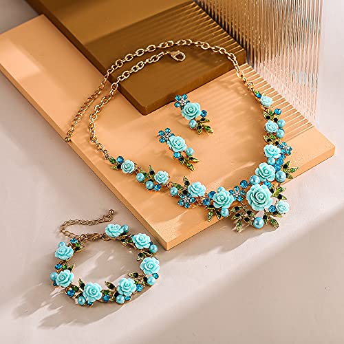 EVER FAITH Costume Jewelry Crystal Simulated Pearl Rose Flower Leaf Prom Party Statement Necklace Earrings Bracelet Set for Women - color: Light Blue Gold-Tone