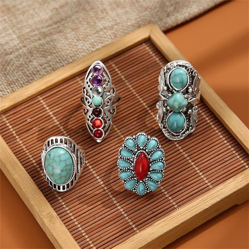 4 Pieces Vintage Turquoise Rings Set for Women Bohemian Western Natural Turquoise Geometric Flower Rings Retro Western Style Country Concert Jewelry Gifts