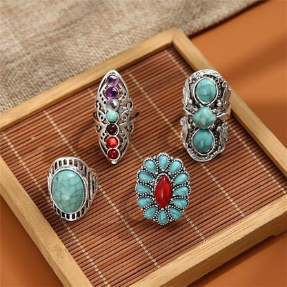 4 Pieces Vintage Turquoise Rings Set for Women Bohemian Western Natural Turquoise Geometric Flower Rings Retro Western Style Country Concert Jewelry Gifts