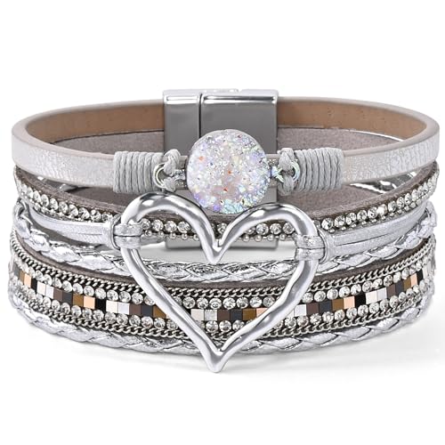 VIBILIA Boho Leather Wrap Bracelets for Women Multi-Layer Bracelets | With Strong Clasp Jewelry for Women - color: 01-Heart-Silver