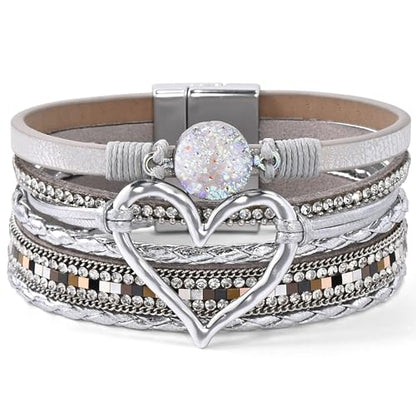 VIBILIA Boho Leather Wrap Bracelets for Women Multi-Layer Bracelets | With Strong Clasp Jewelry for Women - color: 01-Heart-Silver