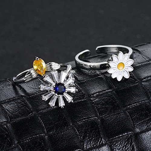 COLORFUL BLING Fidget Sunflower Evil Eye Daisy Spinner Stackable Rings Bee Butterfly Adjustable Open Rotatable CZ Cubic Zirconia Anti Stress for Women Wedding Jewelry - style: Bee