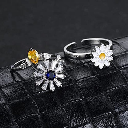 COLORFUL BLING Fidget Sunflower Evil Eye Daisy Spinner Stackable Rings Bee Butterfly Adjustable Open Rotatable CZ Cubic Zirconia Anti Stress for Women Wedding Jewelry - style: Daisy
