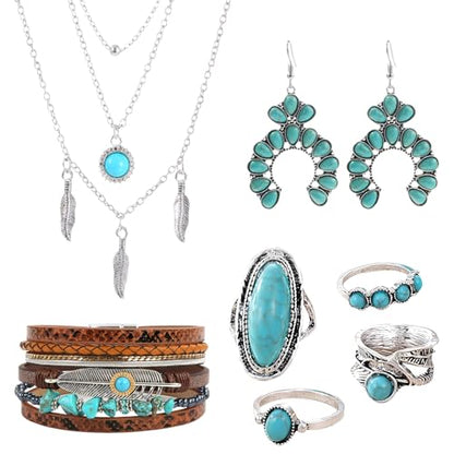 Western Jewelry Sets for Women Boho Jewelry, Layer Bohemian Necklace Earrings Bracelet, Cowgirl Accessory Rodeo Summer Beach - color: Blue