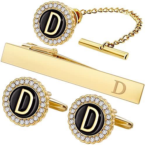 HAWSON Tie Clips, Cufflinks, Tie Tack & Lapel Pins for Men - Suitable for Neckties and French Cuff or Dress Shirt Suits - Jewelry Box Packed, Initials Designed - style: D-4pcs Sets