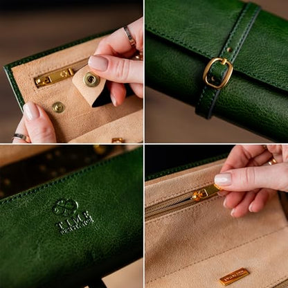 Time Resistance Leather Jewelry Roll - Full Grain Leather Travel Jewelry Case - Jewellery Organizer Made in Italy (Green) - color: Green