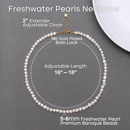 Natural Pearls Necklace, Freshwater Baroque Pearls Necklace for Women's Pearl Strand Choker Necklace 18K Gold Plated & S925 Sterling Silver Clasp White Necklace Chain - color: White, 5-6mm, 18KGP Lock