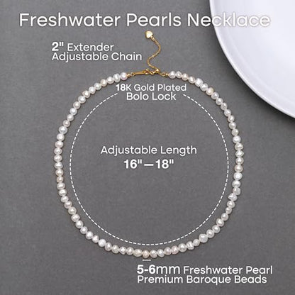 Natural Pearls Necklace, Freshwater Baroque Pearls Necklace for Women's Pearl Strand Choker Necklace 18K Gold Plated & S925 Sterling Silver Clasp White Necklace Chain - color: White, 5-6mm, 18KGP Lock