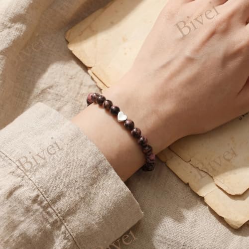 Bivei Crystal Stretch 6mm Bracelets for Women | Handmade Natural Stone Beaded Stretch Bracelet, Stainless Steel Heart Bead, Tranquility Yoga Gift Jewelry for Women - color: Rhodonite - Healing