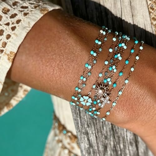 6 PCS Enamel Beaded Chains Bracelet Stainless Steel Link Bracelets | 6.7"+1.18", With Extender Chain, Fashion Jewelry Set, Gift For Women, Colorful, No Fade - color: Turquoise Silver