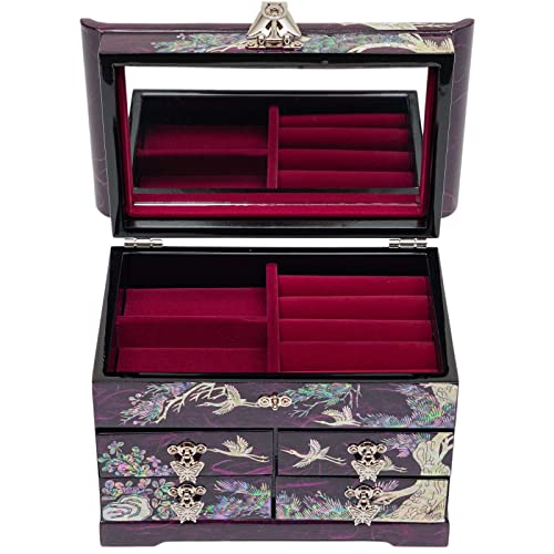 February Mountain Mother of Pearl Handcrafted Mother-of-Pearl Jewelry Box with Traditional Korean Design Mother's day Graduation Birthday Gifts for Women - style: Crane_Purple