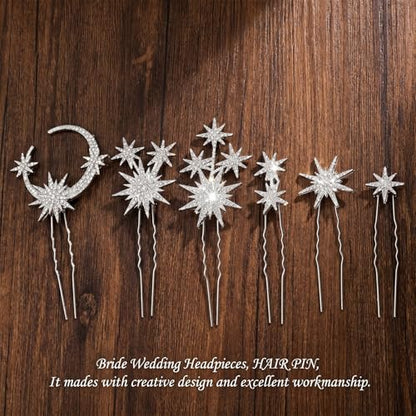 6 Pcs Hair Pins Rhinestone Celestial Crystal Goddess Style Hair Pieces Bride Bridal Wedding Side Clip Set Star Moon Decorative Barrettes Headdress Accessoriesfor Girls Women (Silver)