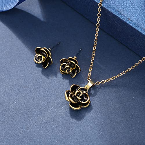 EleQueen Rose Flower Necklace Earrings Bracelet Set for Women - color: 09_Black Gold-Tone