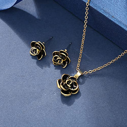 EleQueen Rose Flower Necklace Earrings Bracelet Set for Women - color: 09_Black Gold-Tone