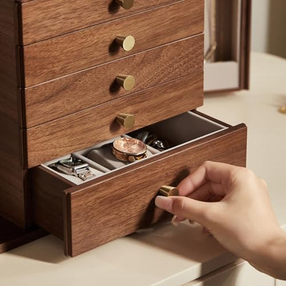 CHOSIN Black Walnut Wooden Jewelry Box for Women with Lock, Mirror, 6 Layer | Lockable wity Key, 5 Drawers, 2 Side Doors, Large Storage for Necklaces, Earrings, Rings, Watches, Brooches, Women Gifts - size: 6 Layer - Full Lock