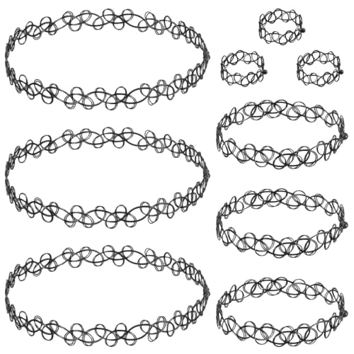 Sibba 9Pcs Tattoo Choker Necklace, Bracelet & Ring Set, 90s Gothic Choker Black Stretch Grunge Necklace for Women Aesthetic Jewelry Clothes Accessories