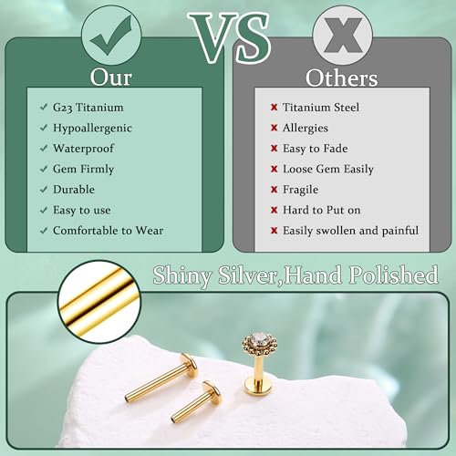 LOLIAS 16G G23 Titanium Tragus Conch Helix Piercing Jewelry 6mm 8mm 10mm - Internally Threaded Flat Back Stud Cartilage Earrings Hypoallergenic Forward Earlobe Labret Tragus Piercing Jewelry - color: Flower-14K Gold