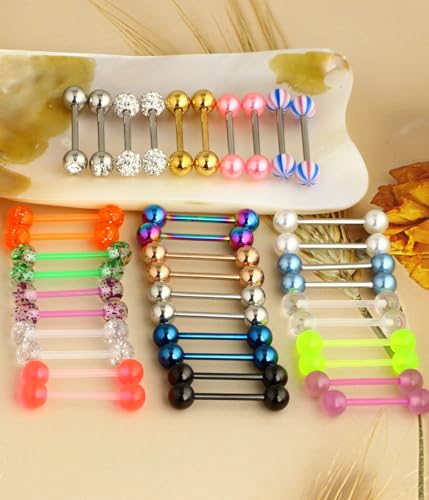 Suotarn 40pcs 14G Tongue rings For Women Stainless Steel Straight Tongue Barbell UV Acrylic Plastic Tongue Piercing Jewelry Nipple Piercings 5/8" Glow in Dark Flexible Retainer Body Jewelry for Men