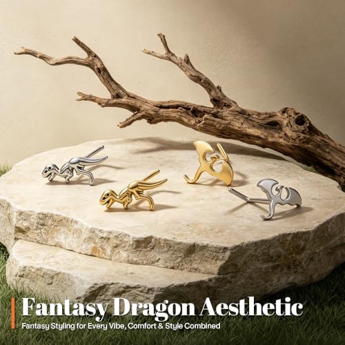 6PCS Dragon Nose Stud Gothic Nostril Ring for Women Men | 316L Surgical Stainless Steel, Fantasy Punk Piercing Jewelry, For Sensitive Skin, L-Shape - color: Gold
