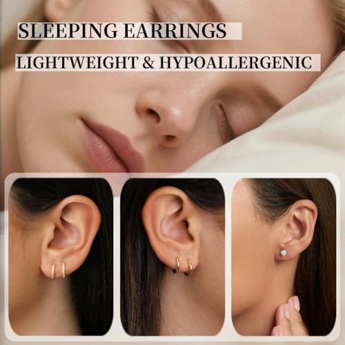 Small Gold Hoop Earrings Set for Women: Diamond-Shine Cubic Zirconia Stud Earrings - 14K Gold Plated Hypoallergenic Non-Tarnish, Stack Mini Cute Trendy Statement Earrings Gift (3 Pairs) - color: 3 Pairs/Gold/Small