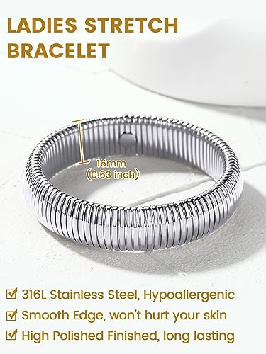 KeyStyle Bangle Bracelets For Women, Stainless Steel Stretch Bracelet Wide | 14K Gold/Rose Gold/Black/Silver Plated Flexible Wide Twisted Link Chain Wristband Jewelry, 10Mm, 16Mm, 20Mm - color: 16mm - Steel
