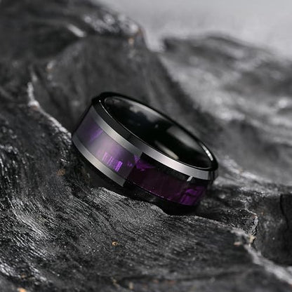 King Will Tungsten Wedding Band Wood Inlay for Men Black Beveled Edge | Black, 8mm, Beveled Edge, Comfort Fit, Wood inlay, Promise Gift - color: Black-Purple