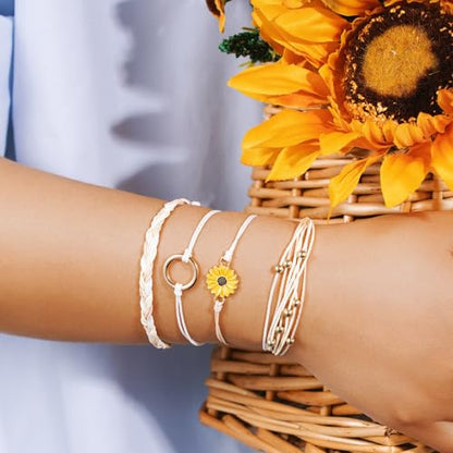 Sunflower Friendship Bracelets Boho Stackable String Bracelets Cute Trendy Gifts for Teen Girls Women - color: Ivory