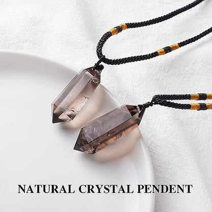 Runyangshi Smoky Quartz Healing Crystal Pendants, Double Pointed Natural Crystal Quartz Necklace 6 Faceted Chakra Crystal Wand Stone Reiki Meditation - color: Smoky