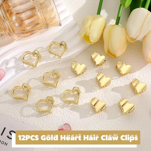 CWJCYTNSN 12PCS Mini Heart hair Claw Clips, Gold Small Metal Hair Clips, Cute Tiny Hair Clips for Thin Thick Hair, Little Love Hair Jaw Clamps for Women Girls Teens Hair Accessories - color: Gold heart