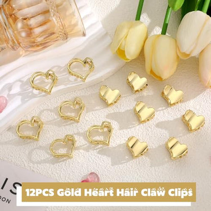 CWJCYTNSN 12PCS Mini Heart hair Claw Clips, Gold Small Metal Hair Clips, Cute Tiny Hair Clips for Thin Thick Hair, Little Love Hair Jaw Clamps for Women Girls Teens Hair Accessories - color: Gold heart