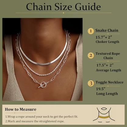 Freekiss 3-Piece Layered Toggle Necklace for Women | Gold/Silver necklace set with herringbone, rope, and paperclip chains plus a toggle clasp for layering, parties, and gifts - color: 3-Piece Paperclip Silver