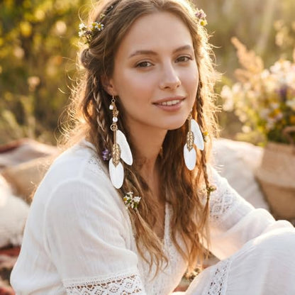 FRESHME Native American Earrings for Women - Ethnic Boho Feather Dangle Jewelry with Tessel for Birthday Party Photoshoot - color: White