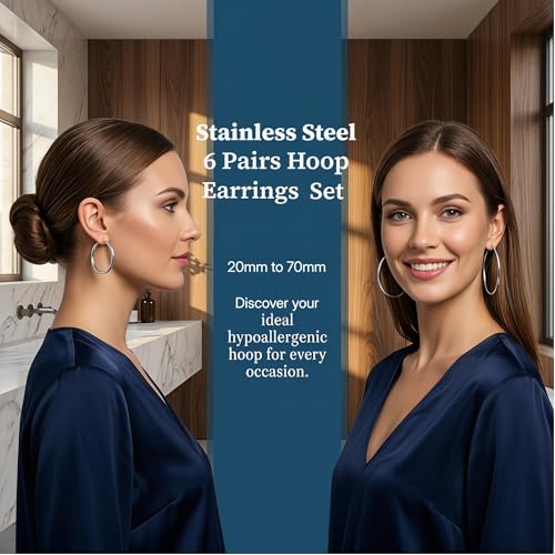 6 Pairs Silver Hoop Earrings for Women | Hypoallergenic Stainless Steel Lightweight Small Medium Large Hoops Set, 20-70mm Clip on Sterling Silver Post Jewelry