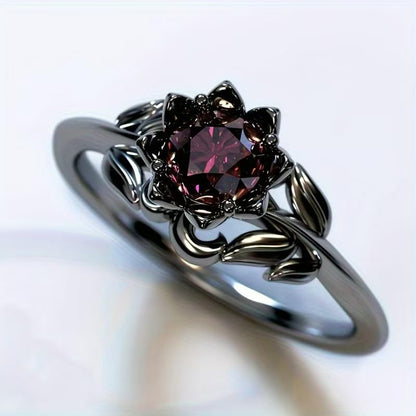 Cubic Zirconia Rings For Women, Gothic Ring Black Flower Crystal Stackable Trendy Floral Eternity Travel Engagement Statement Wedding Birthday Jewelry Gift - color: Goth Black Red