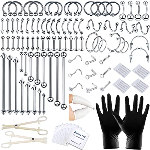 A-minusone 84+98+120PCS Body Septum Piercing Kit 14G 16G Tools for Nose Tongue Lip Ear Eyebrow Belly Button Cartilage Tragus Industrial Barbell Helix Daith Piercing Jewelry Clamps - size: 120 Pcs