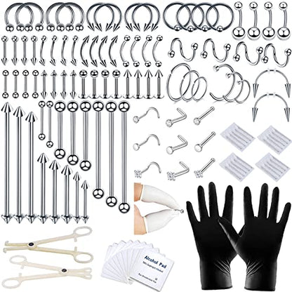 A-minusone 84+98+120PCS Body Septum Piercing Kit 14G 16G Tools for Nose Tongue Lip Ear Eyebrow Belly Button Cartilage Tragus Industrial Barbell Helix Daith Piercing Jewelry Clamps - size: 120 Pcs