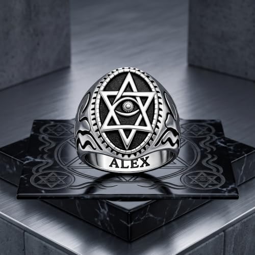Dacc & Aya Custom Engraved Vintage Signet Ring 925 Sterling Silver Black Oxidized Personalized Statement Jewelry for Men - style: A-Hexagram