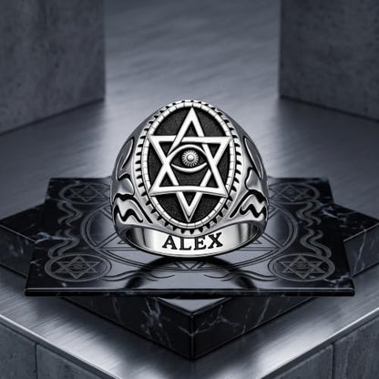 Dacc & Aya Custom Engraved Vintage Signet Ring 925 Sterling Silver Black Oxidized Personalized Statement Jewelry for Men - style: A-Hexagram