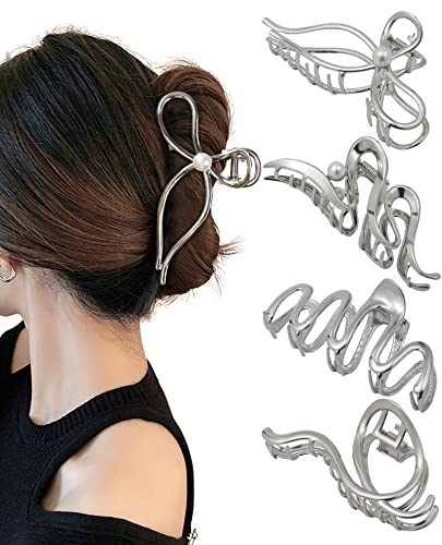 HAIMEIKANG 4 PCs Metal Hair Claw Clips - Irregular Large Clips for Women, Non-Slip Styling Accessories for Thick and Thin Hair (Silver) | Durable Metal Hair Clips for Thick or Thin Hair. Non-slip Silver Bow Claw Clips for Daily Wear, Party & Styling