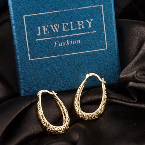 Silver Post Filigree Hoop Earrings for Women Hollow Oval Hoop Earrings | Hypoallergenic U Shaped Hoops Earring for Jewelry - color: A-14K Gold