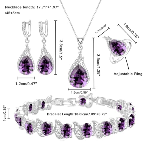 LMXXVJ Jewelry Set for Women,Teardrop Cubic Zirconia Necklace Earrings Adjustable Ring Bracelet Jewelry Set Formal Jewelry Gift - color: ZYSD-White Gold-Purple