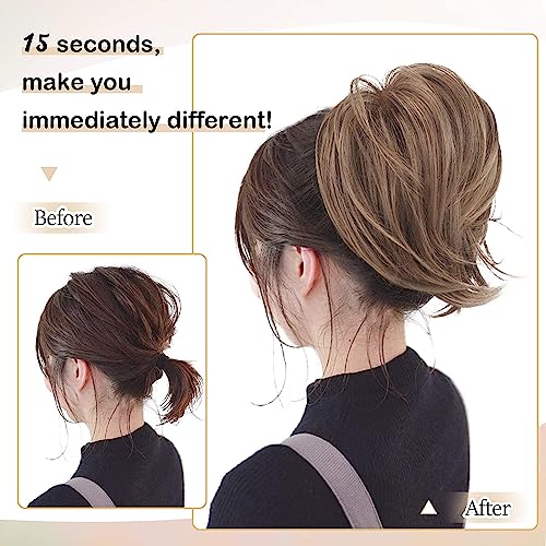 BARSDAR Brown Hair Bun Extensions - Synthetic Short Straight Ponytail Hair Bun Scrunchies - Elastic Messy Hairpieces Daily - Ash Brown Mixed - color: Ash Brown Mixed, size: 1 Count - Elastic