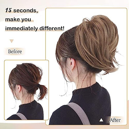 BARSDAR Brown Hair Bun Extensions - Synthetic Short Straight Ponytail Hair Bun Scrunchies - Elastic Messy Hairpieces Daily - Ash Brown Mixed - color: Ash Brown Mixed, size: 1 Count - Elastic