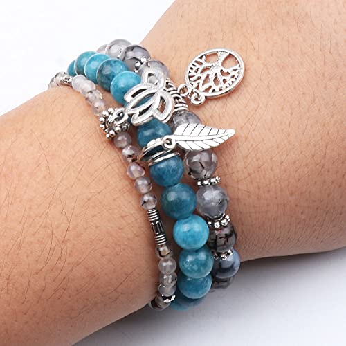 Tree of Life Yoga Healing Stone Bracelets,Multilayer Lotus Chakra Stone Reiki Bracelet Sets,Anxiety Crystal Natural Stone,for Women Stress Relief - style: Dragon's Vein Agate+apatite