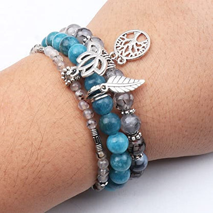 Tree of Life Yoga Healing Stone Bracelets,Multilayer Lotus Chakra Stone Reiki Bracelet Sets,Anxiety Crystal Natural Stone,for Women Stress Relief - style: Dragon's Vein Agate+apatite