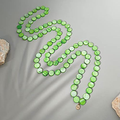 Firstmeet Flat Round Coin Shell Beads Long Knotted Necklace Natural Mother of Pearl Handmade Jewelry For Women - color: Green