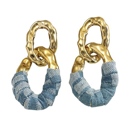 Chunky Gold Acrylic Chain Statement Earrings for Women,Exaggerated Thick Chain Artificial Leather Wrap Dangle Earrings Trendy Geometric Ear Jewelry - color: Denim