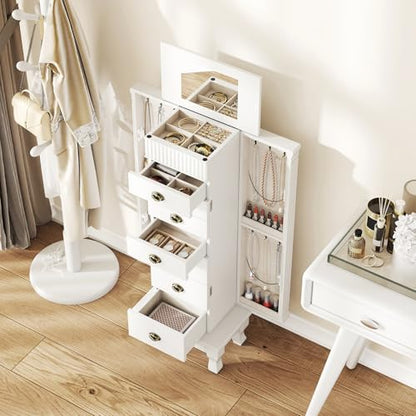 Giantex Standing Jewelry Cabinet with 7 Drawers, Flip-Top Mirror, 2 Side Doors with 12 Necklace Hooks, Divided Ring Compartments, Velvet-Lined Jewelry Armoire Organizer Chest (White) - color: White