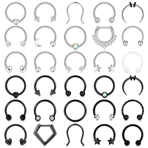 ONESING 20-30 Pcs Septum Rings 16G Septum Jewelry - Surgical Steel Piercings Horseshoe Helix Daith Smiley Tragus Lip Rings Nose Hoop Hinged Seamless Piercing Jewelry for Women Men - color: Silver,Black-16G-10mm